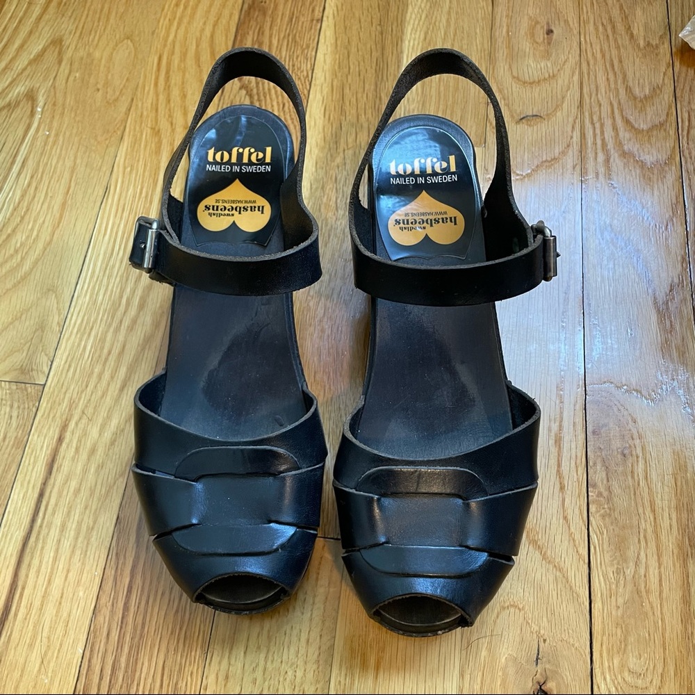 Swedish Hasbeens Toffel all black platform clog sandals size 39 8.5
